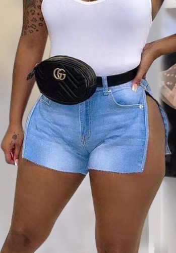 Sexy Blue Washed Side Slit Denim Shorts