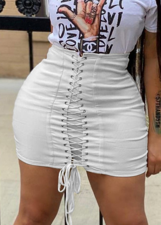 White Lace-Up High Waist Bodycon Mini Skirt