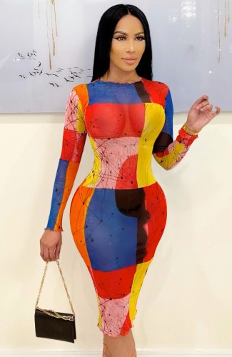 Multi Color Print Long Sleeve Sexy Bodycon Dress