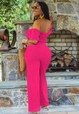 Hot Pink Cut Out Short Sleeves Sexy Off Shoulder Jumpsuit
