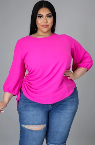 Plus Size Casual Rose Side Strings O Neck Shirt