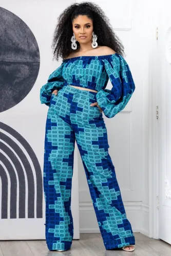 Plus Size Print Blue Puff Sleeve Crop Top and Pants Set
