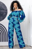 Plus Size Print Blue Puff Sleeve Crop Top and Pants Set