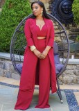 Pink Bra Top and Wide Leg Pants Set with Long Coat