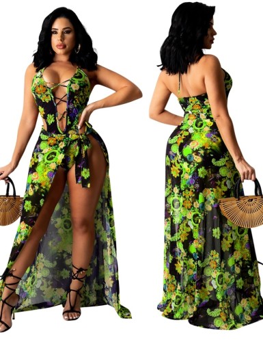 Sexy Lace Up Floral Bodysuit and Skirt Cover Up 2PCS Set