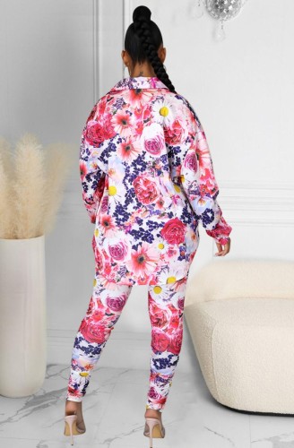 Floral Print Long Sleeve Blouse and Tight Pants Casual Two Pieces