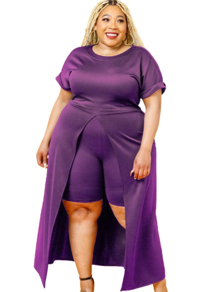 Purple Slit Front Long Top and Biker Shorts Plus Size Two Piece Set