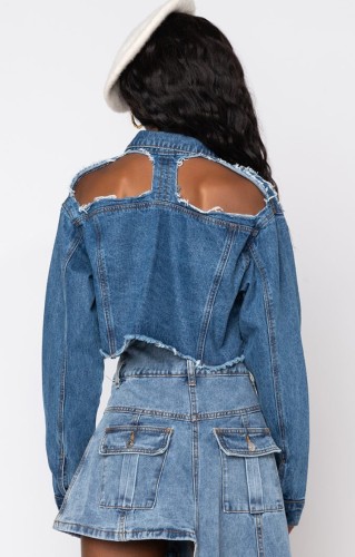 Casual Long Sleeves Blue Denim Cut Out Damaged Short Jacket