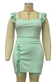 Plus Size Green Ruffle Vest and Lace Up Skirt Two Piece Set