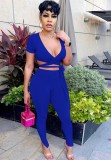 Blue Ribbed Wrap knotted Crop Top and Pants Two Piece Set