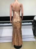 Gold Sequins Strap Slit V Neck Evening Dress