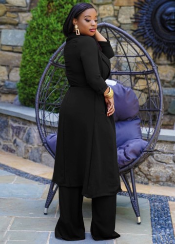 Black Bra Top and Wide Leg Pants Set with Long Coat