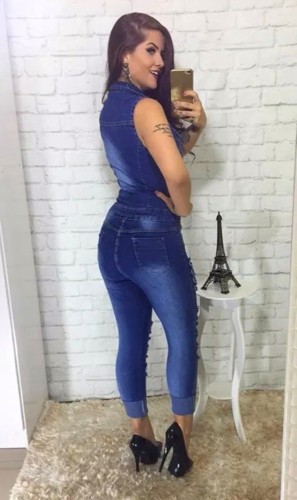 Blue Button Up Short Sleeve Fitted Ripped Denim Jumpsuit