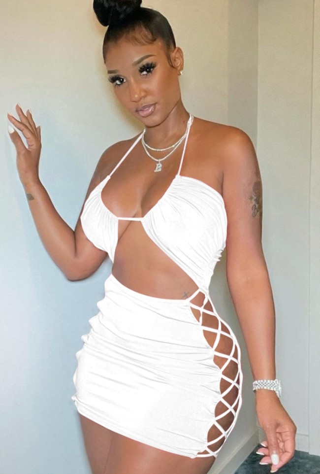 White Sexy Cut Out Lace Up Halter Dress