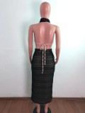 Sexy Black Cross Halter Crop Top and Midi Skirt Set