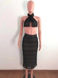 Sexy Black Cross Halter Crop Top and Midi Skirt Set