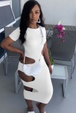 Sexy White Hollow Out Short Sleeve Midi Dress
