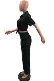 Black Short Sleeve Blouse and Wide Leg Pants Casual Two Pieces