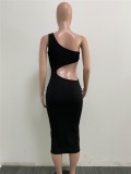Black Sexy Cut Out Waist One Shoulder Sleeveless Bodycon Dress