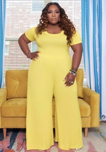 Plus Size Yellow O Neck Short Sleeve Loose Jumpsuit