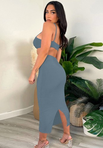 Grey Cut Out Sexy Ribbed Strap Dress