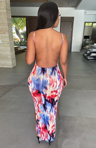 Multicolor Print Slit Strap Backless Long Dress