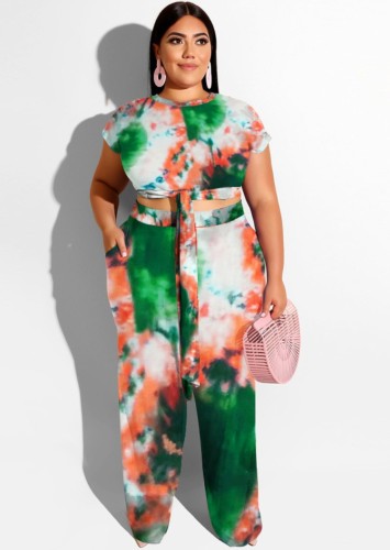 Plus Size Tie Dye Tie-front Crop Top and Matching Pants Two Piece Set