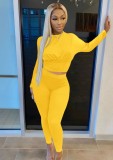 Yellow Long Sleeve Crop Top and Pants Casual Two Pieces