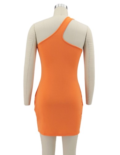 Orange One Shoulder Sleeveless Mini Bodycon Dress