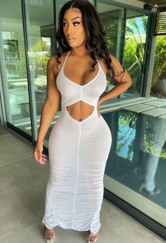 White Sexy Cut Out Halter Ruched Maxi Dress