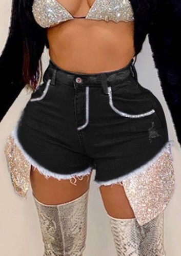 Black High Waist Shiny Sequins Patch Denim Shorts