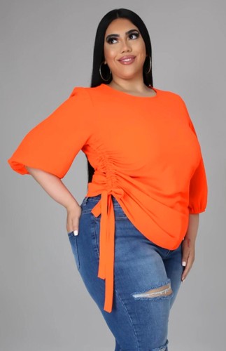 Plus Size Casual Orange Side Strings O Neck Shirt