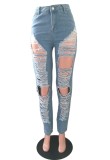 Blue Cut Out Damaged High Waist Long Jeans