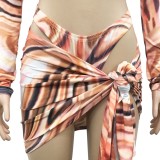 Print Zipper Long Sleeve Crop Top and Mini Skirt with Panty 3PCS Set