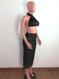 Sexy Black Cross Halter Crop Top and Midi Skirt Set