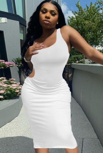 White Sexy Cut Out Waist One Shoulder Sleeveless Bodycon Dress