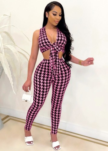 Print Fitted Knotted Crop Top and Pants Two Piece  Set
