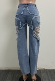 Blue Ripped Straight Leg High Waisted Jeans