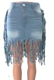 Light Blue High Waisted Tassel Denim Short Skirt