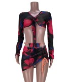 Print Sexy Tie Full Sleeve Crop Top and Ruched Mini Skirt 2PCS Set
