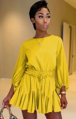 Yellow Puff Sleeve Flare Romper