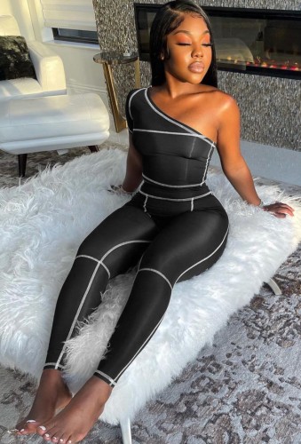 Sexy Black One Shoulder Top and Pants Two Piece Set