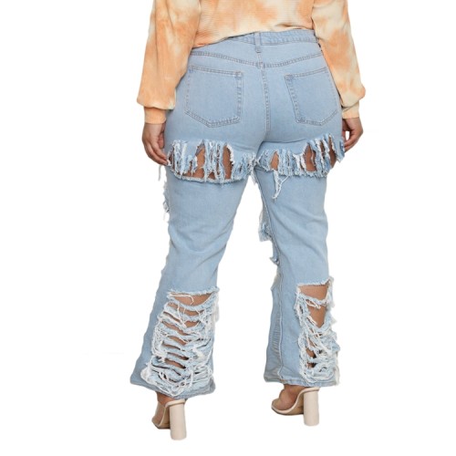 Light Blue High Waisted Ripped Holes Jeans