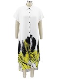 Casual White Print Short Sleeves Long Blouse Dress