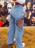 Blue Ripped Straight Leg High Waisted Jeans