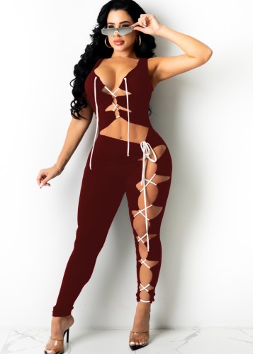 Red Sexy Ripped Lace Ups Sleeveless Bodycon Jumpsuit