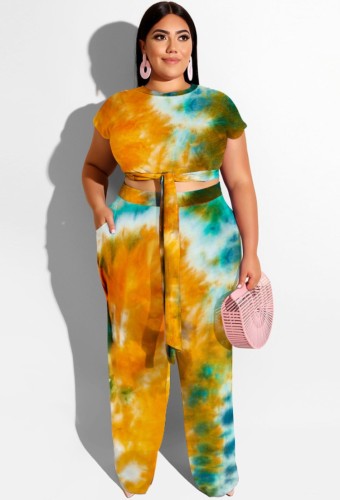 Plus Size Tie Dye Tie-front Crop Top and Matching Pants Two Piece Set