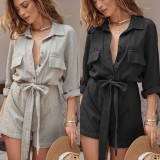 Black Long Sleeve Belted Casual Rompers
