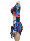 Print Long Sleeve Crop Top and Mini Skirt with Panty 3PCS Set