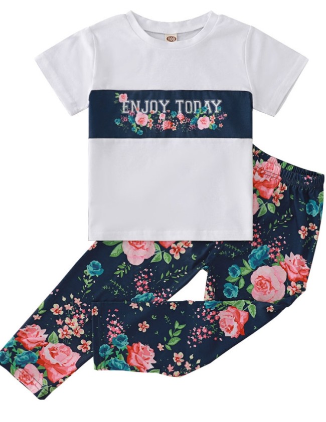 Kids Girl Flowers Print Shirt and Pants 2pc Set